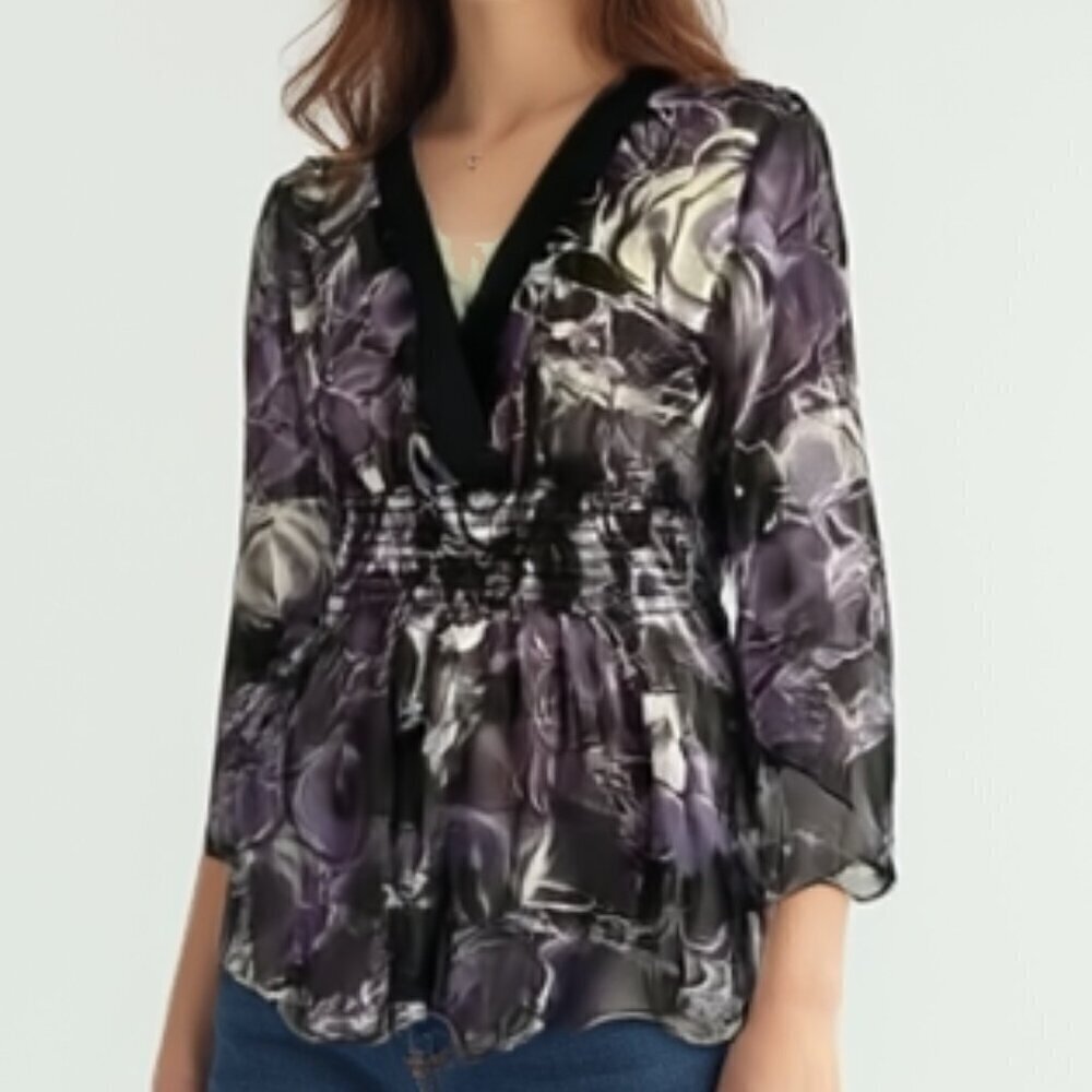 NWT Reitmans Purple Floral Smocked Blouse Size M Sheer V-Neck Peplum Top